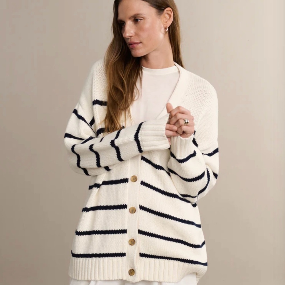 Jenni Kayne Cream Cardigan with Navy Stripes - Picture 1 of 7